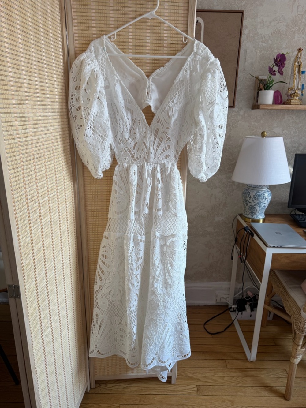 White Crochet Midi Dress with Puff Sleeves- Showpo